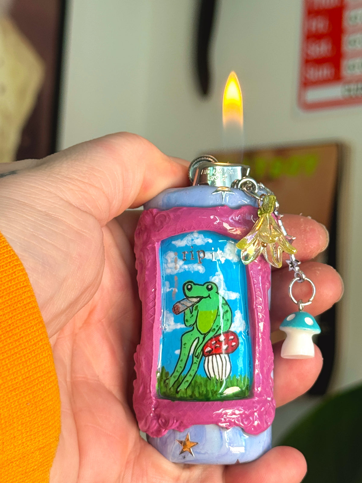 Vintage Frame Rip It Frog Case with charm| Fits Standard Bic | Handmade Polymer Clay Art