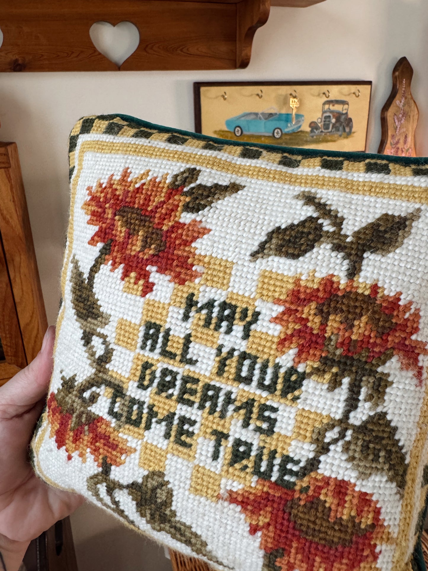 Vintage Needlepoint Sunflower Pillow – “May All Your Dreams Come True” – 9x9