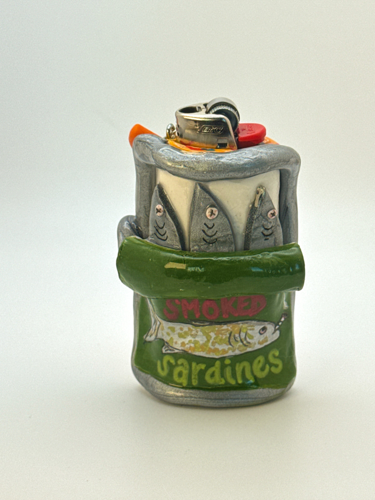 Smoked Sardines Tin Case with charm| Fits Standard Bic | Handmade Polymer Clay Art