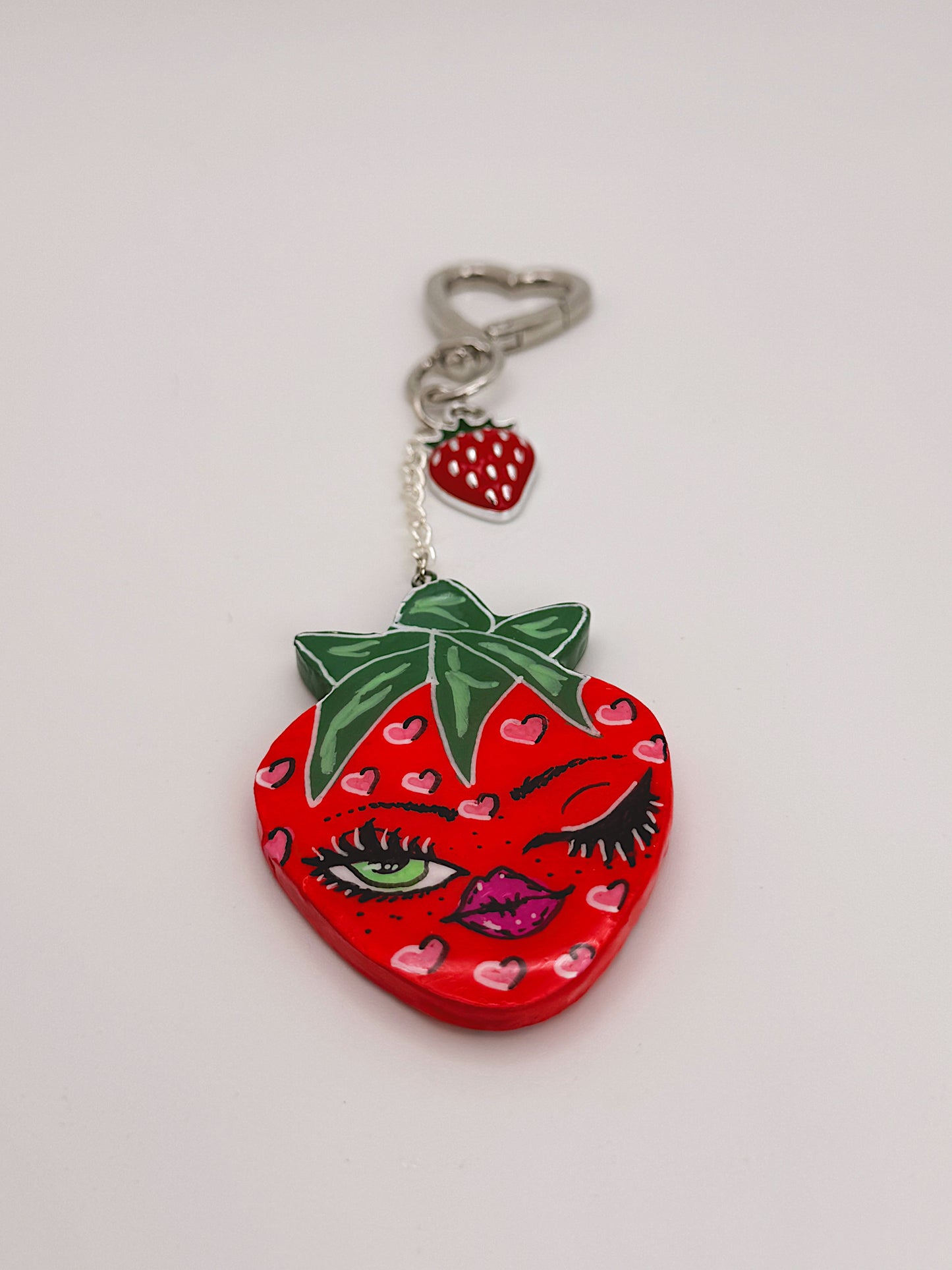 Winking Strawberry Bag Charm – Silver Heart Clip with Hand-Painted Strawberry & Charms