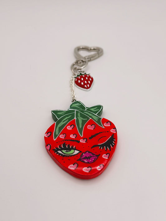 Winking Strawberry Bag Charm – Silver Heart Clip with Hand-Painted Strawberry & Charms