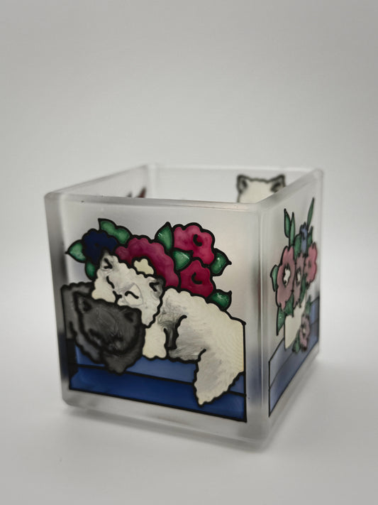 Vintage Frosted Glass Cat Votive Holder – Stained Glass Style Tea Light Cube