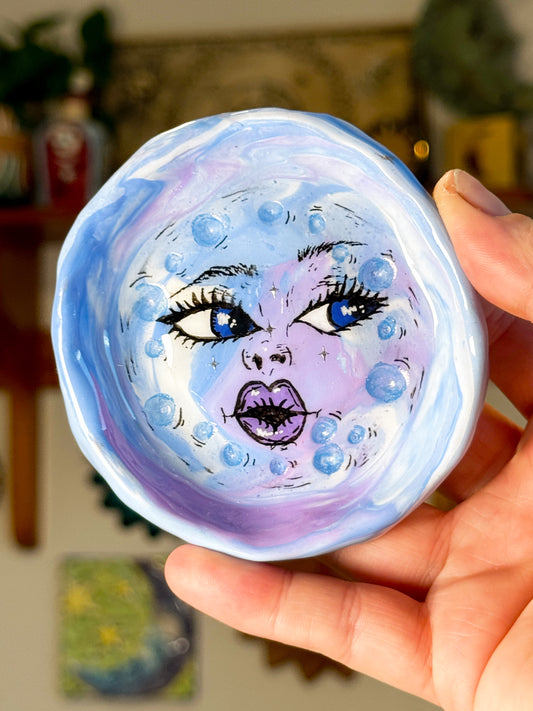Handmade Moon Face Ring Dish – 3.5” Polymer Clay Celestial Trinket Dish – Blue & Purple Starry Jewelry Dish