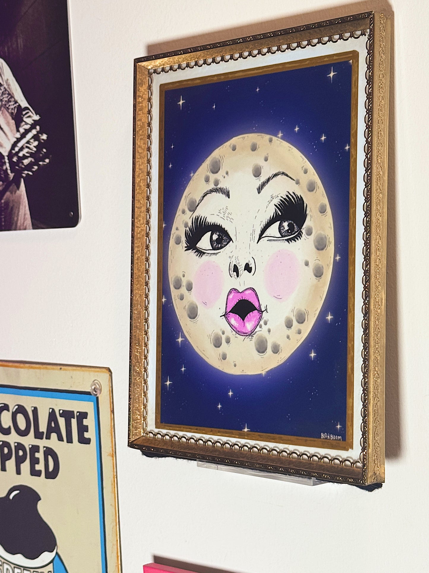 Whimsical Moon Face FRAMED Art – 8×10 Vintage-Style Celestial Wall Art