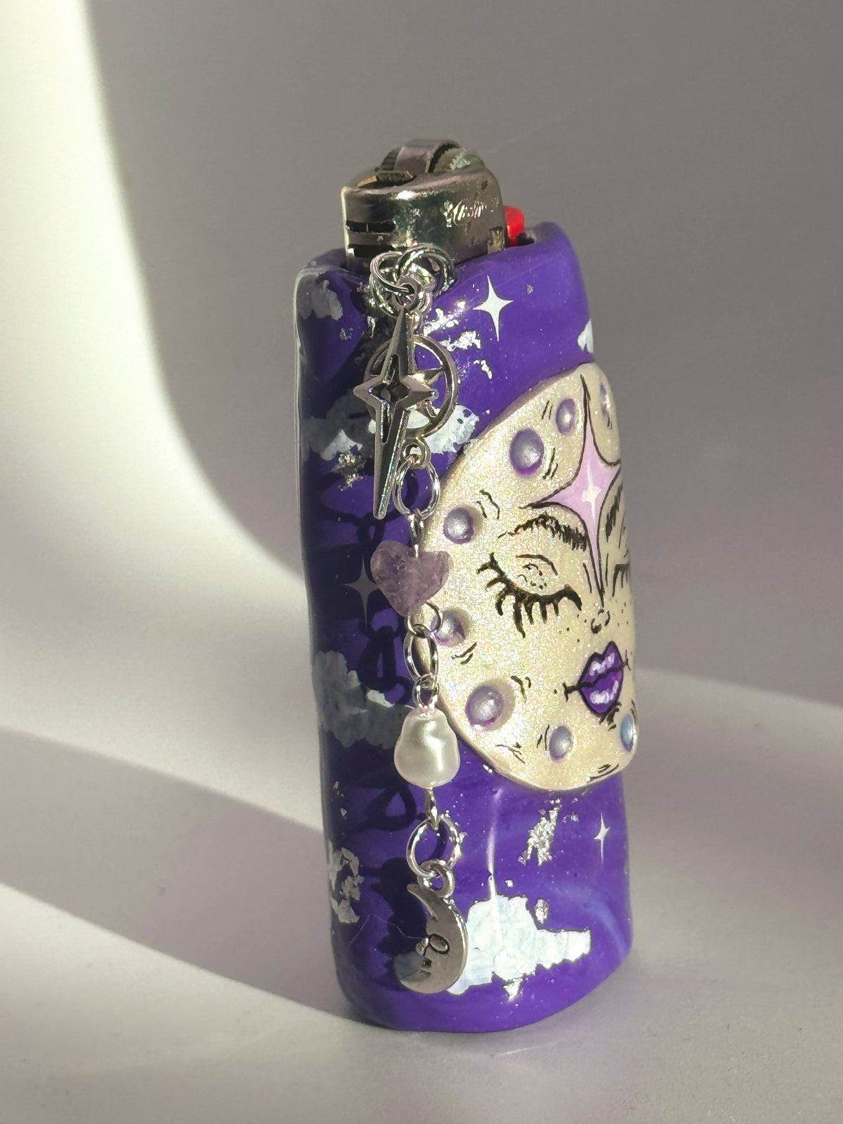 Whimsical Moon Case with charm| Fits Standard Bic | Handmade Polymer Clay Art