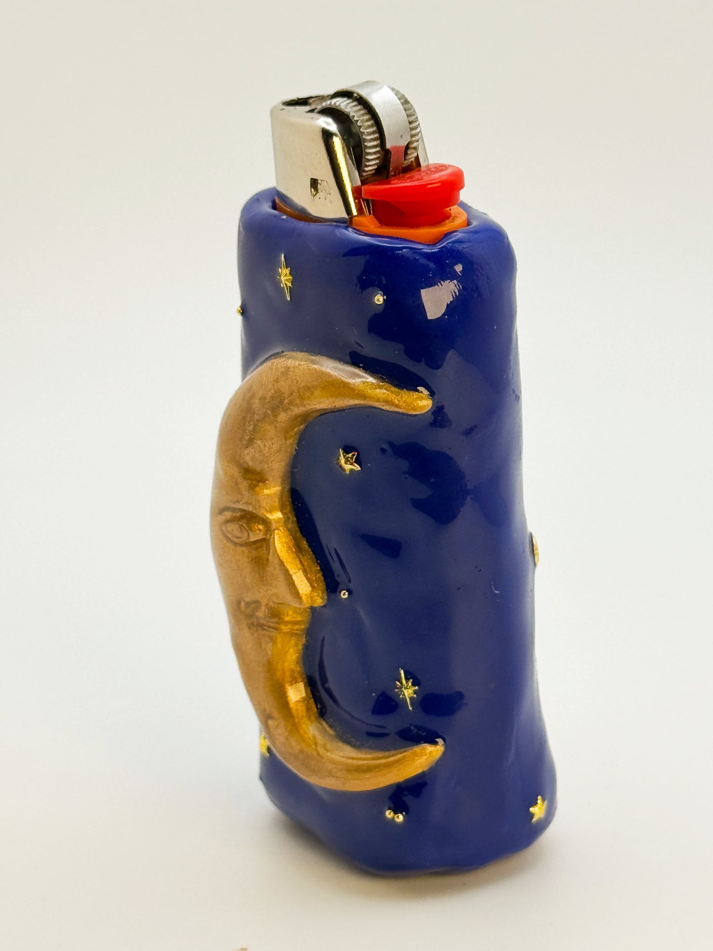 Handmade Celestial Moon Lighter Case Gold – Polymer Clay 90s Inspired Starry Night Cover