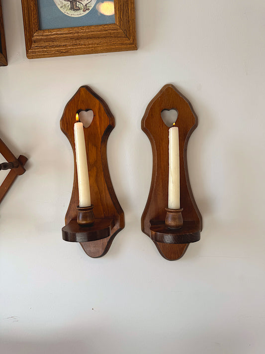 Vintage Wooden Heart Wall Sconces (Set of 2) – Candle Holders – Cottagecore / Whimsical Wall Decor