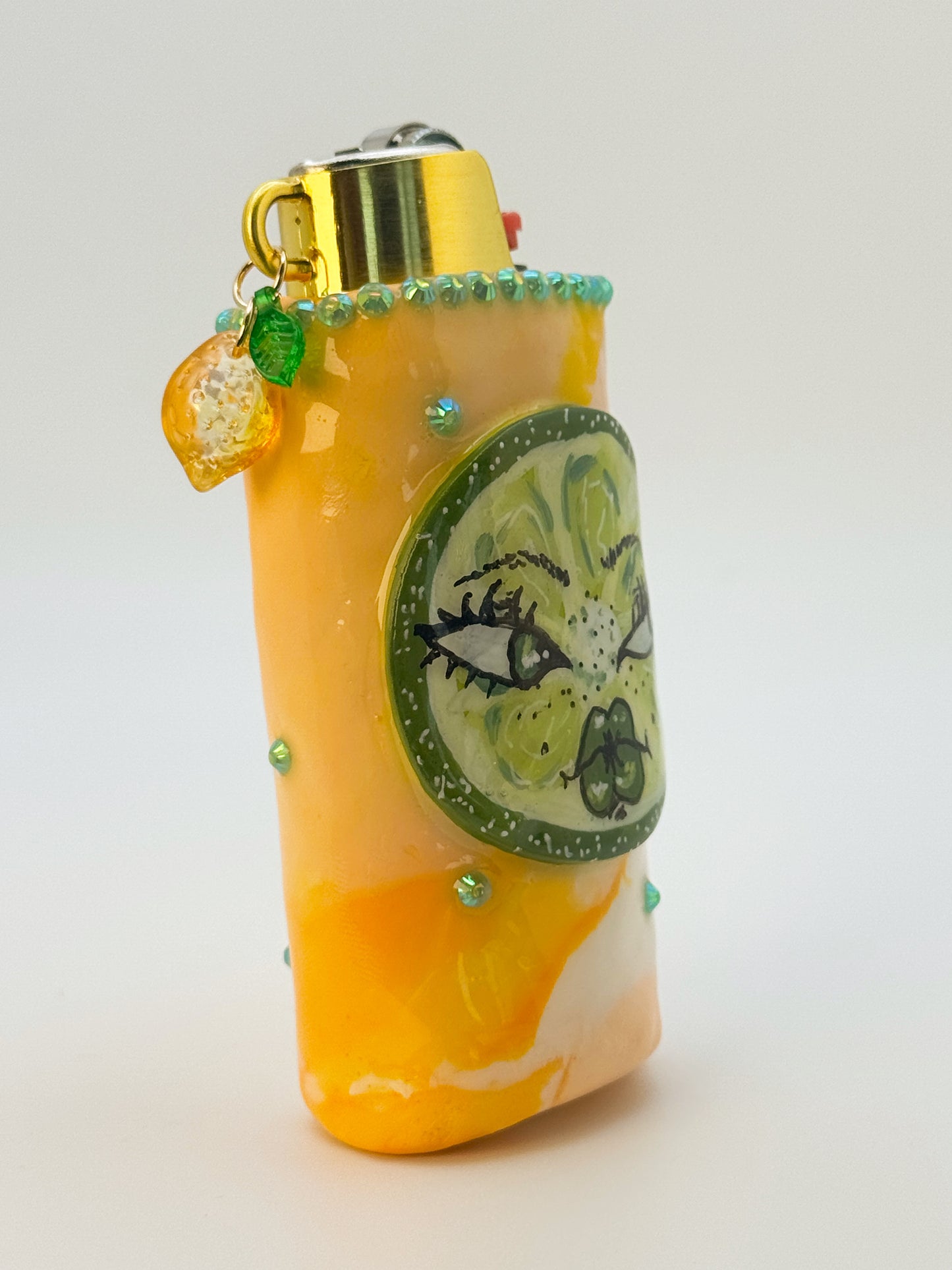 Sassy Lime Lighter Case w/ charm | Fits Standard Bic | Handmade Polymer Clay Art