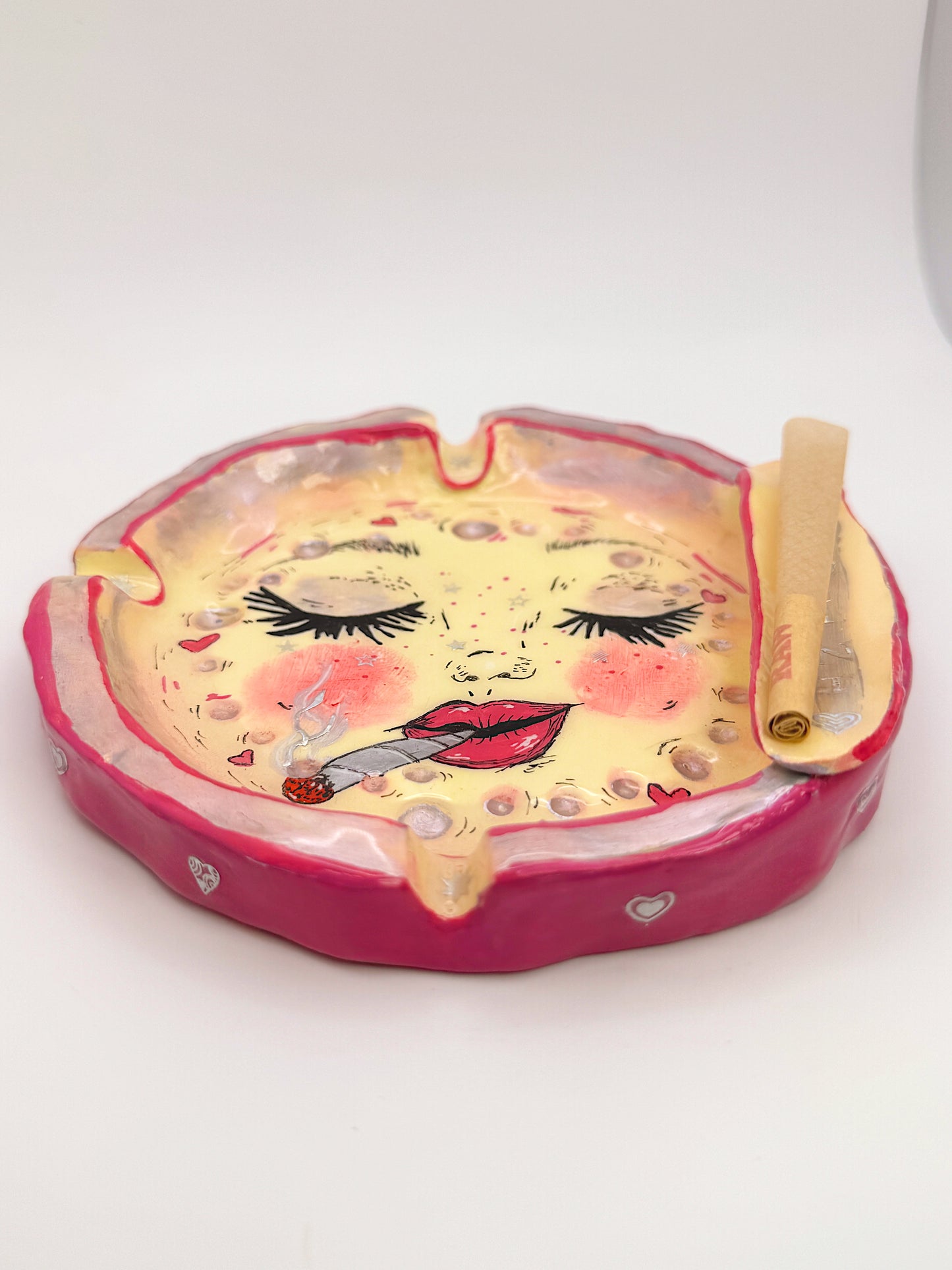 Pink Smoking Moon Ashtray – Hand-Painted Celestial Moon Dish (5.5”)