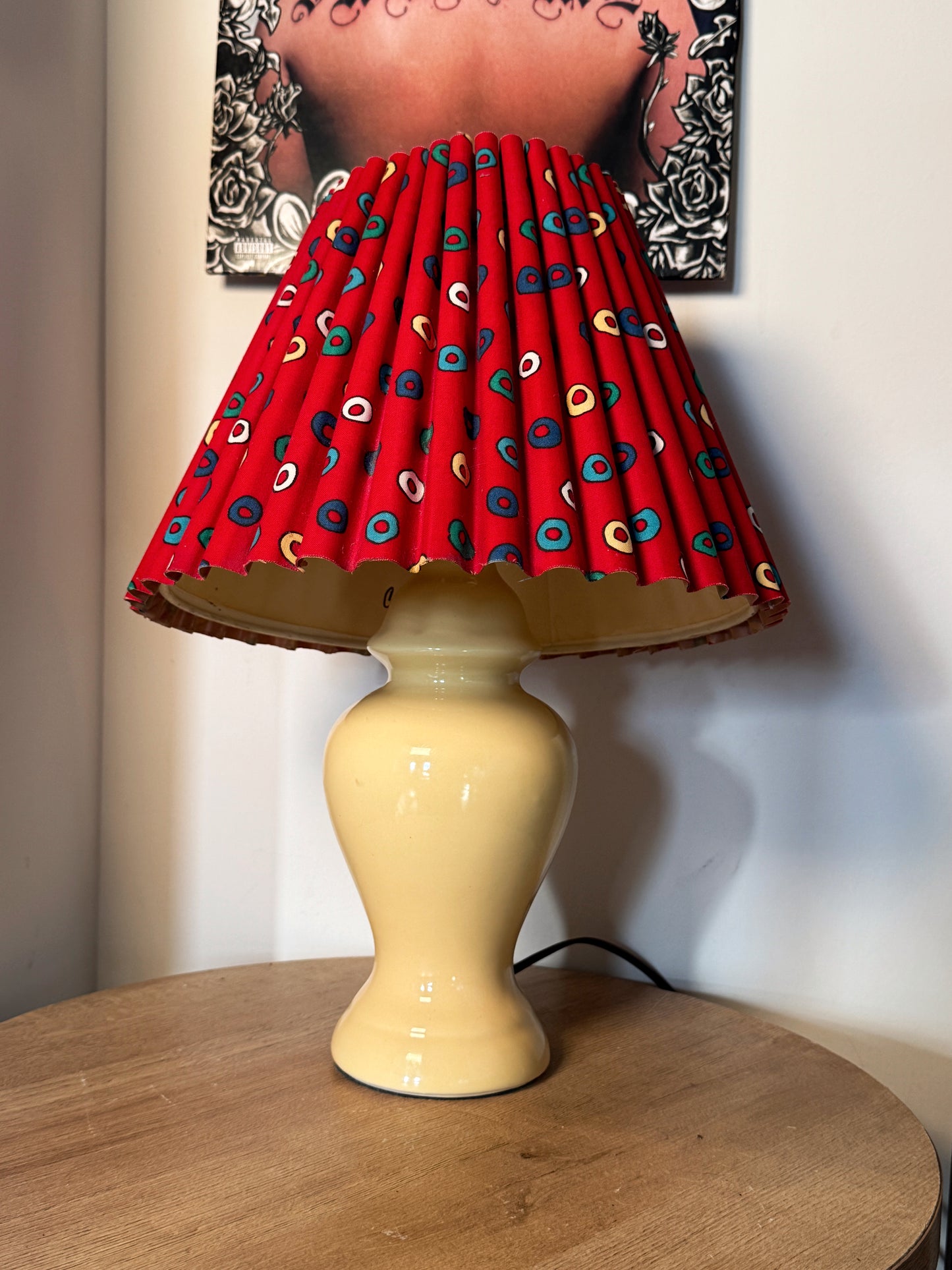 Vintage Ceramic Table Lamp with Signed Pleated Shade – Buttery Yellow + Red – 16.5”
