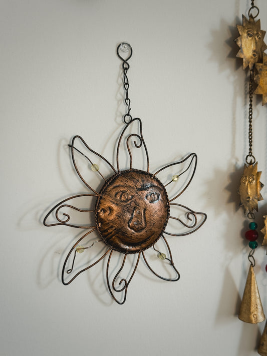 Handcrafted Celestial Sun Face – 11” Beaded Wire Wall Hanging