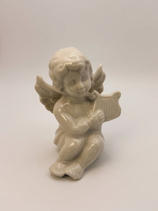 Vintage Porcelain Cherub Figurine with Lyre | Angel Valentine Decor