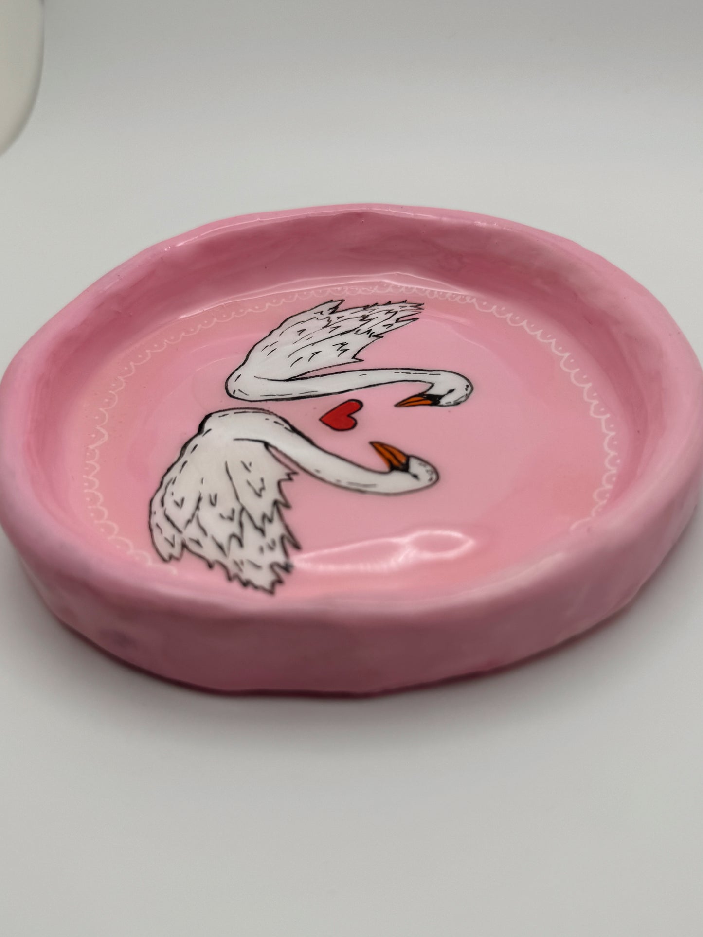 Pink Swan Love Trinket Dish – Hand-Painted Polymer Clay Jewelry Catchall (4.5”)