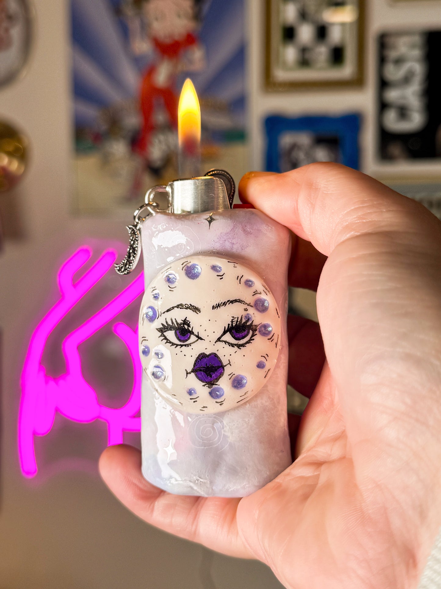 Whimsical Moon Lighter Case w/ Charm | Fits Standard Bic | Handmade Polymer Clay Art