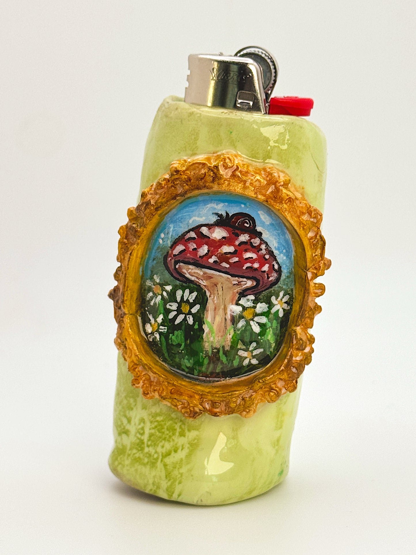 Mushroom Snail Lighter Case – Hand-Painted Woodland Scene with Vintage Frame