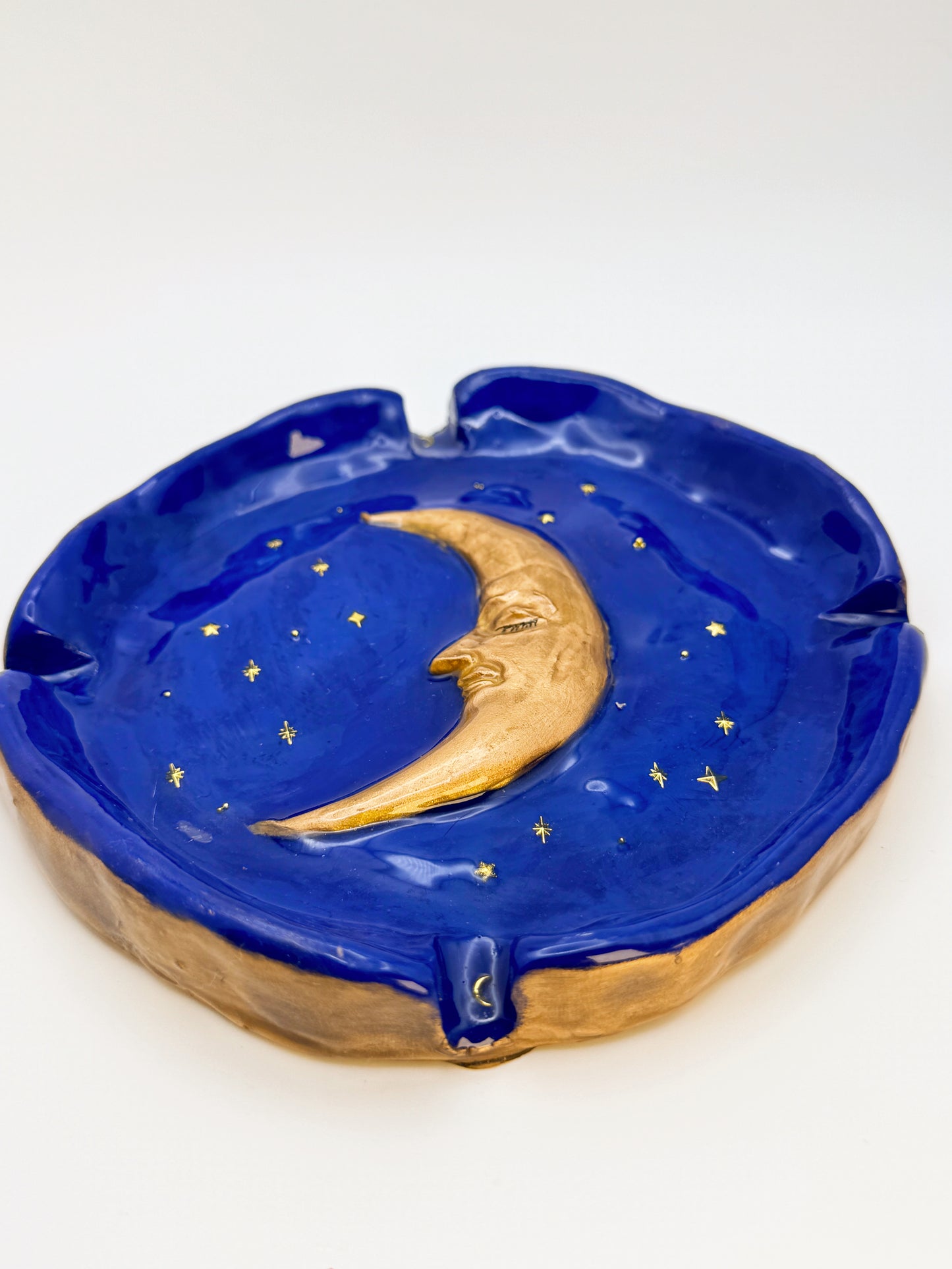 Handmade 90s Celestial Moon Ashtray – 6” Polymer Clay Starry Night Smoking Tray – Blue & Gold Resin Ashtray