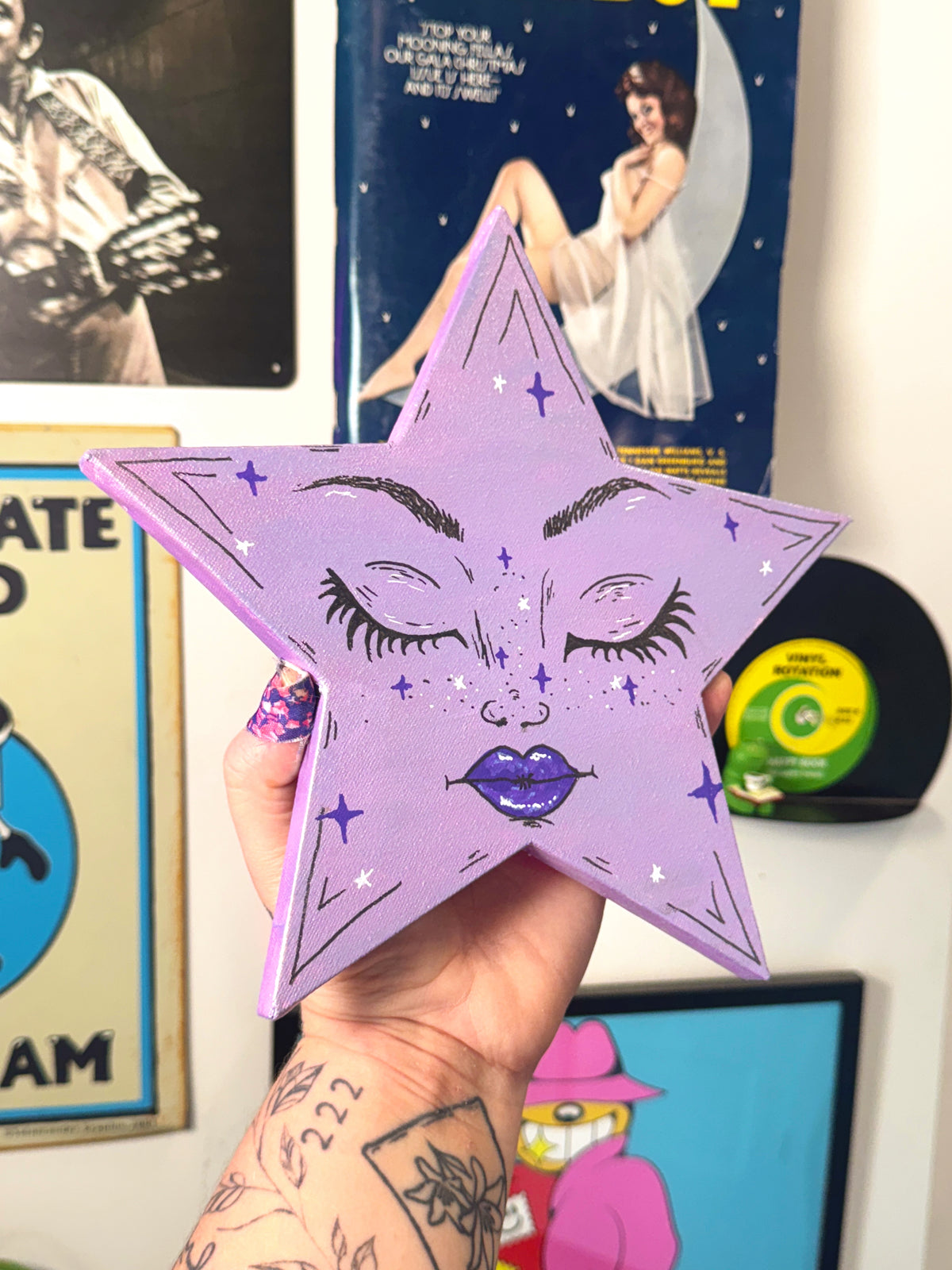 Holographic Lavender Celestial Star Wall Art – Hand-Painted Star Face Decor— Original 10” Canvas Art