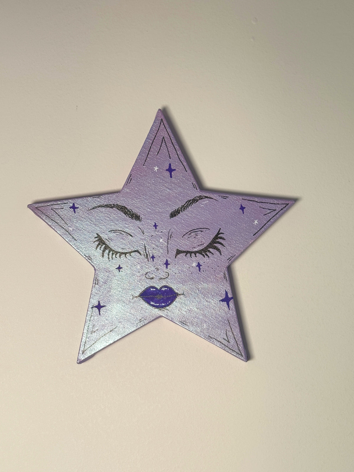 Holographic Lavender Celestial Star Wall Art – Hand-Painted Star Face Decor— Original 10” Canvas Art