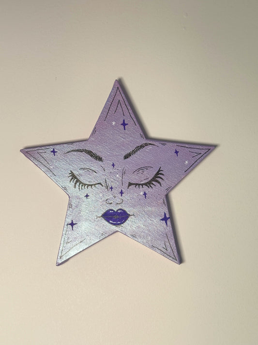 Holographic Lavender Celestial Star Wall Art – Hand-Painted Star Face Decor— Original 10” Canvas Art