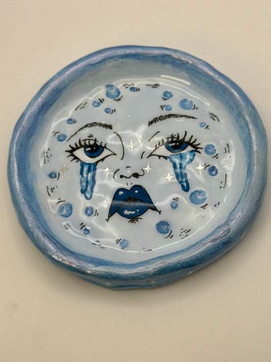 Sad Girl Moon Trinket Dish | Blue Celestial Ring Dish | Handmade (5.5”)