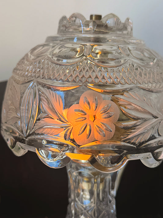 Vintage Lead Crystal Mushroom Boudoir Lamp - Etched Floral Pattern