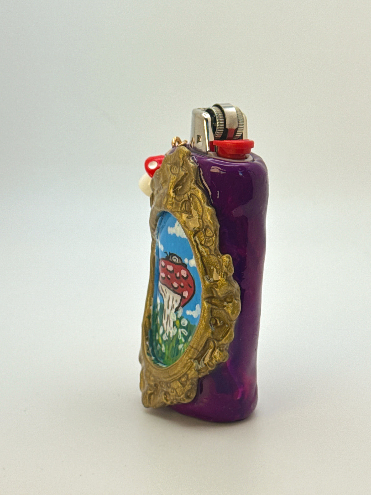 Vintage Frame Snail On A Mushroom Case with charm| Fits Standard Bic | Handmade Polymer Clay Art