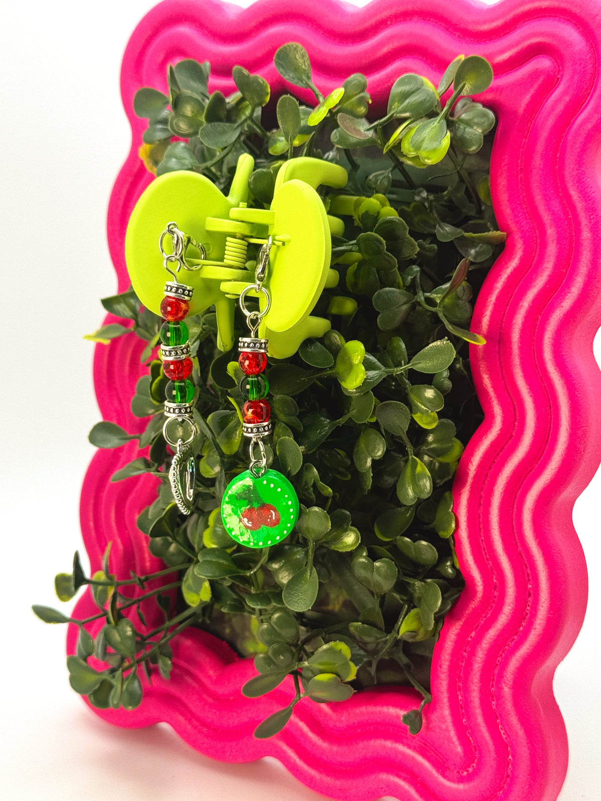 Lime Green Small Claw Clip with Handmade Beaded Charms | Removable Charm Clip | 2.1”