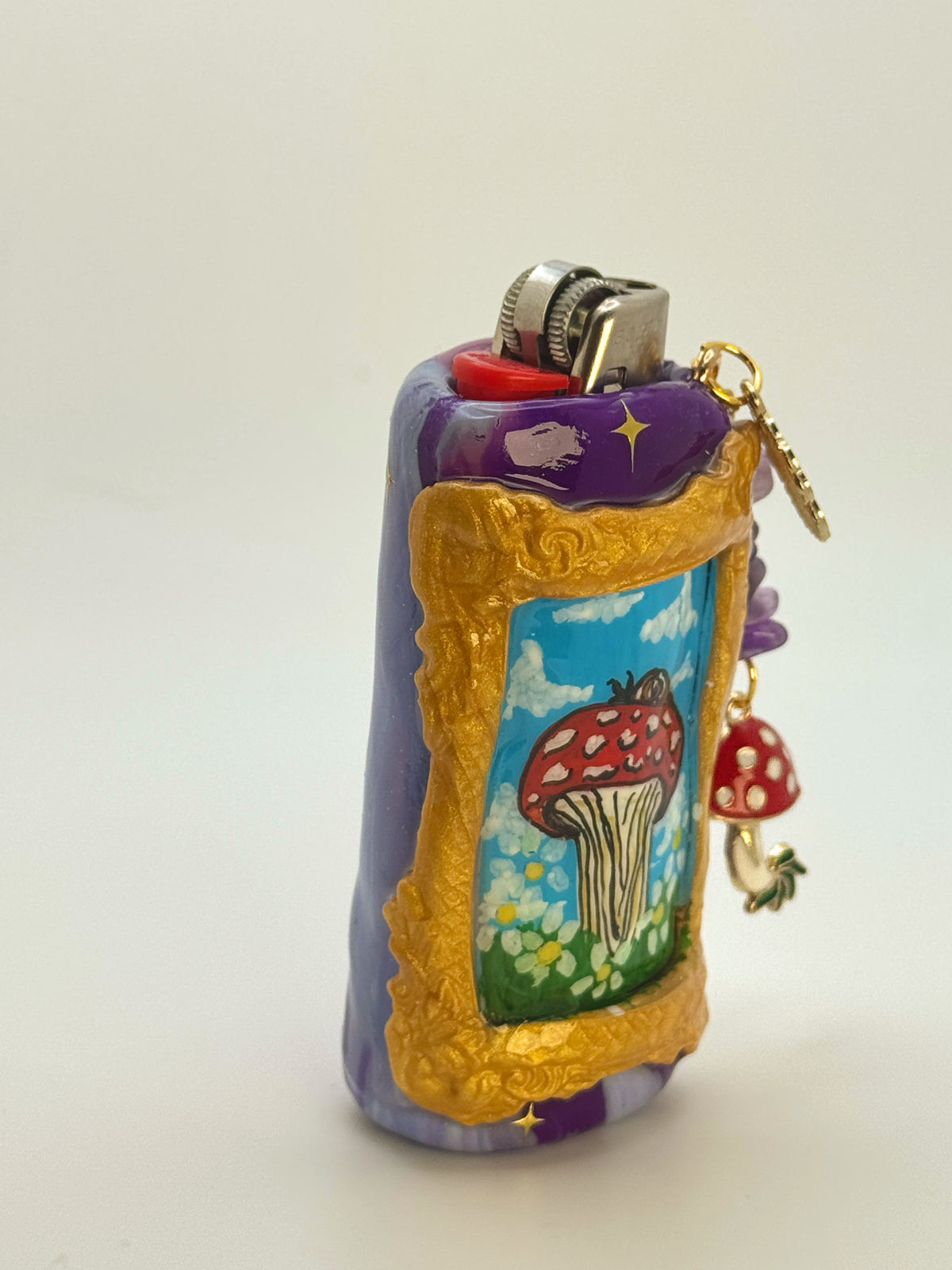 Vintage Frame Snail On A Mushroom Case with charm| Fits Standard Bic | Handmade Polymer Clay Art