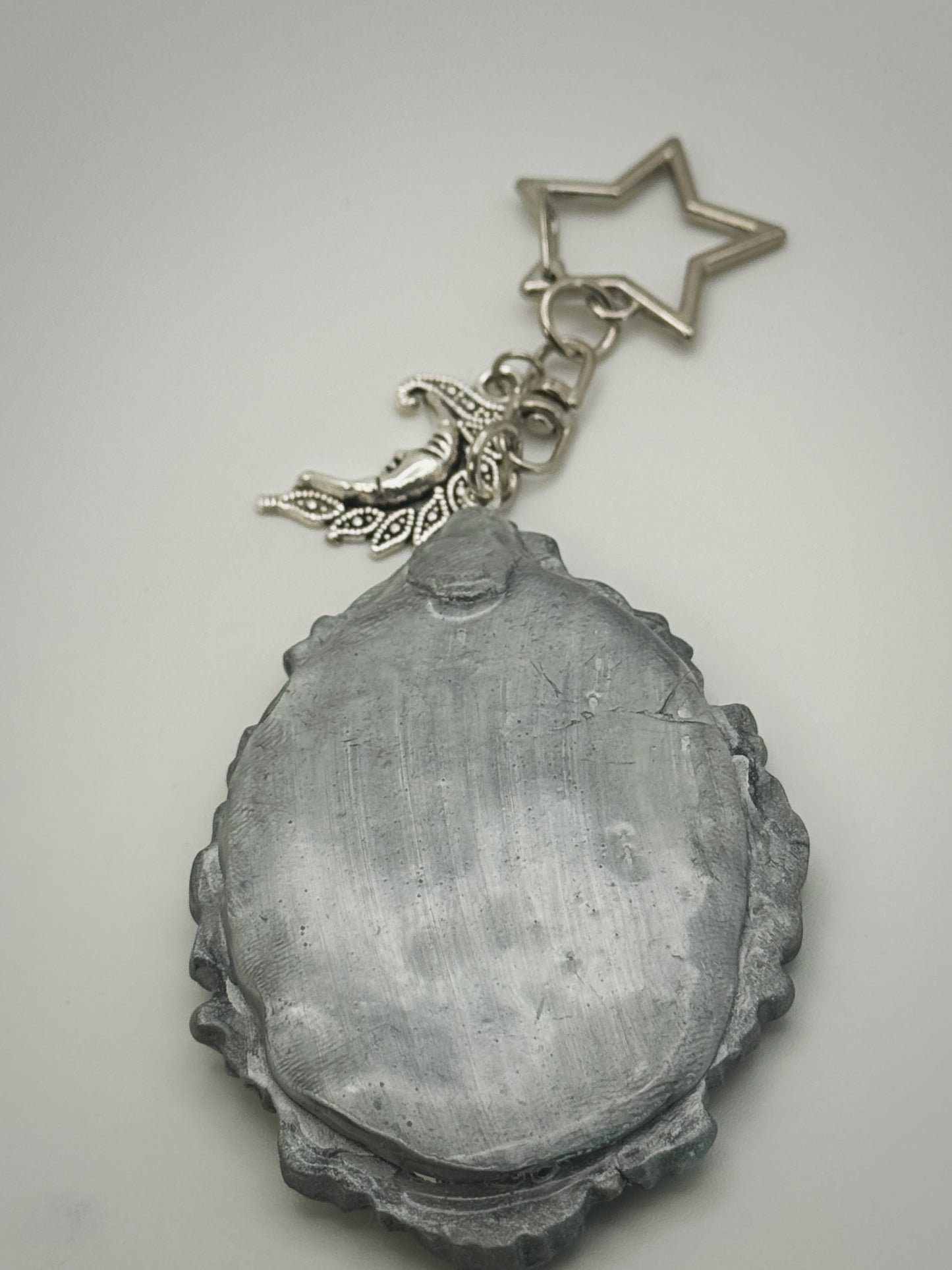 Vintage Frame Smoking Moon Keychain – Handmade Polymer Clay Bag Charm