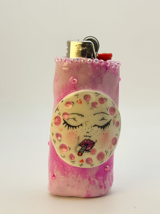 Smoking Pink Moon Lighter Case| Fits Standard Bic | Handmade Polymer Clay Art