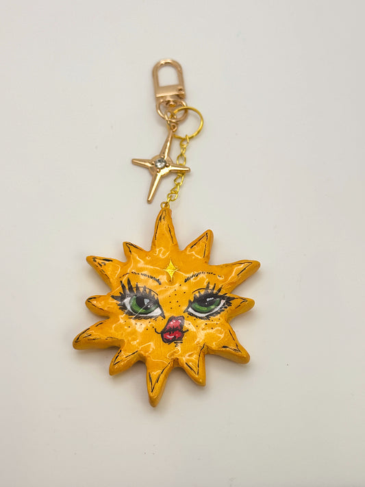 Miss Sunny Keychain Hand-Painted Sun Face Charm with Star Accent