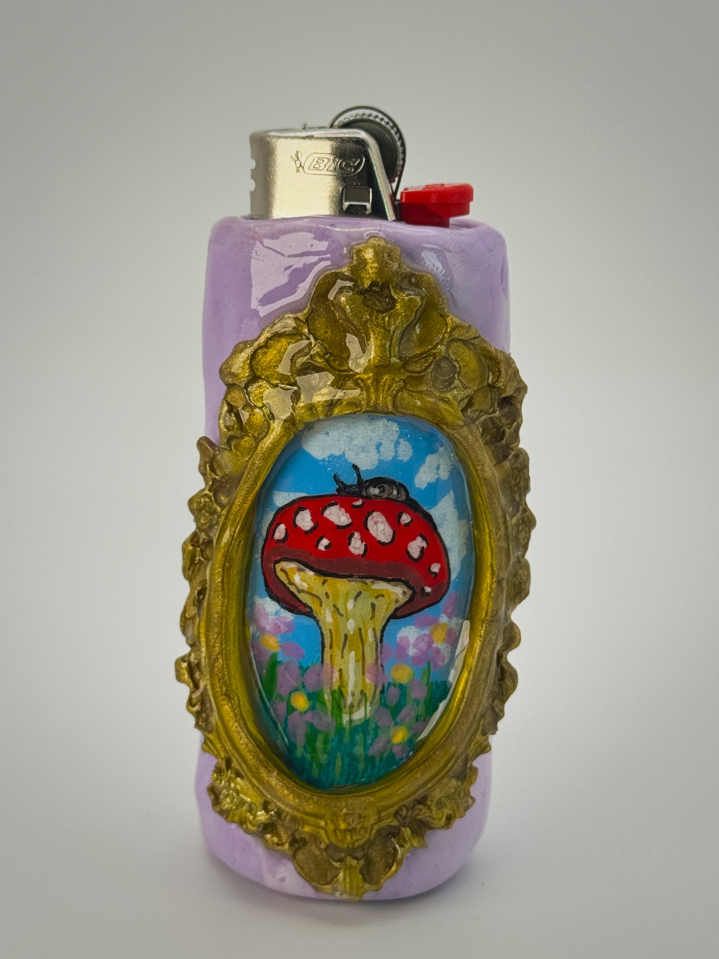 Vintage Frame Snail on Mushroom Lighter Case| Fits Standard Bic | Handmade Polymer Clay Art