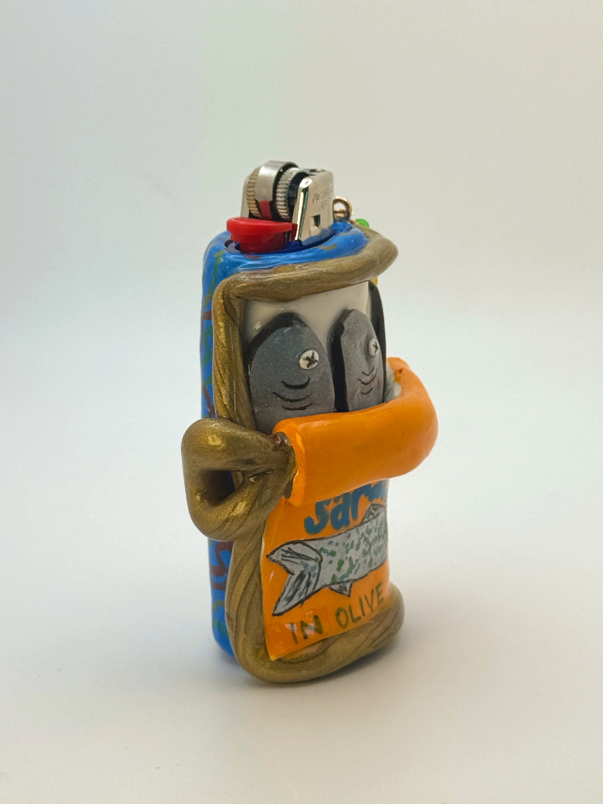 Sardines Tin Case with charm| Fits Standard Bic | Handmade Polymer Clay Art