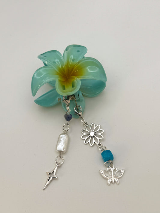 Blue Flower Small Claw Clip with Handmade Beaded Charms | Removable Charm Clip | 2.1”