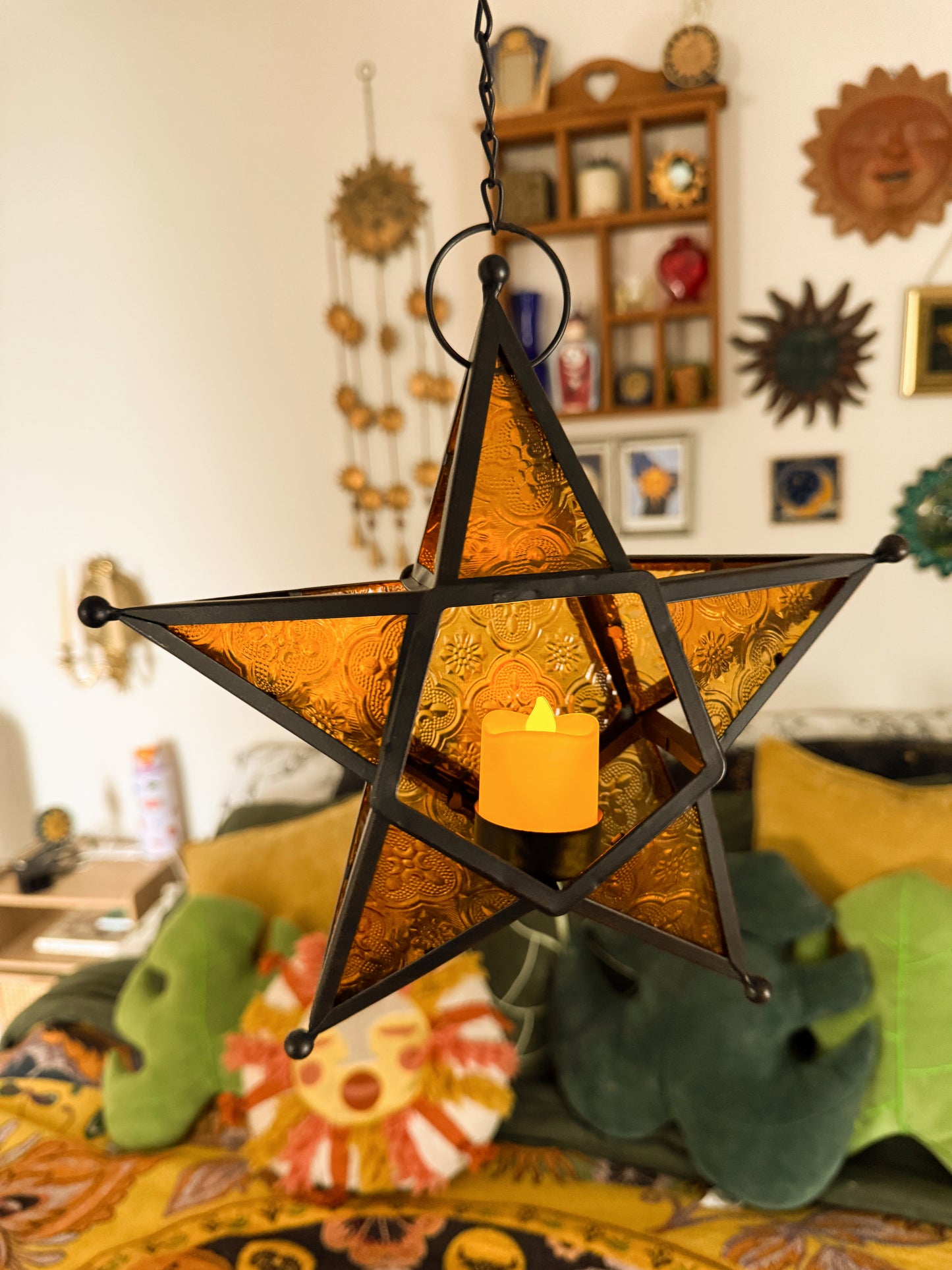 Set of 2 Moravian Star Hanging Candle Lanterns – Amber & Yellow Glass