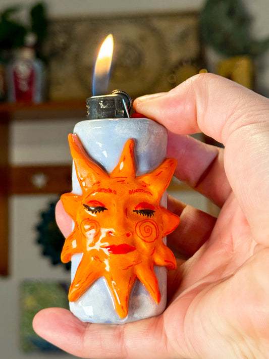 Handmade Sun Face Lighter Case – Polymer Clay Celestial Cover – Fits Standard Bic Lighter