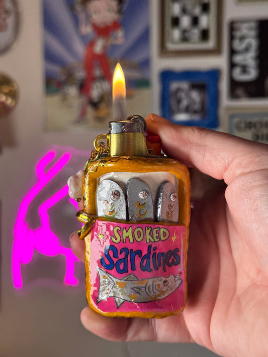 Smoked Sardines Lighter Case w/ Charm | Fits Standard Bic | Handmade Polymer Clay Art