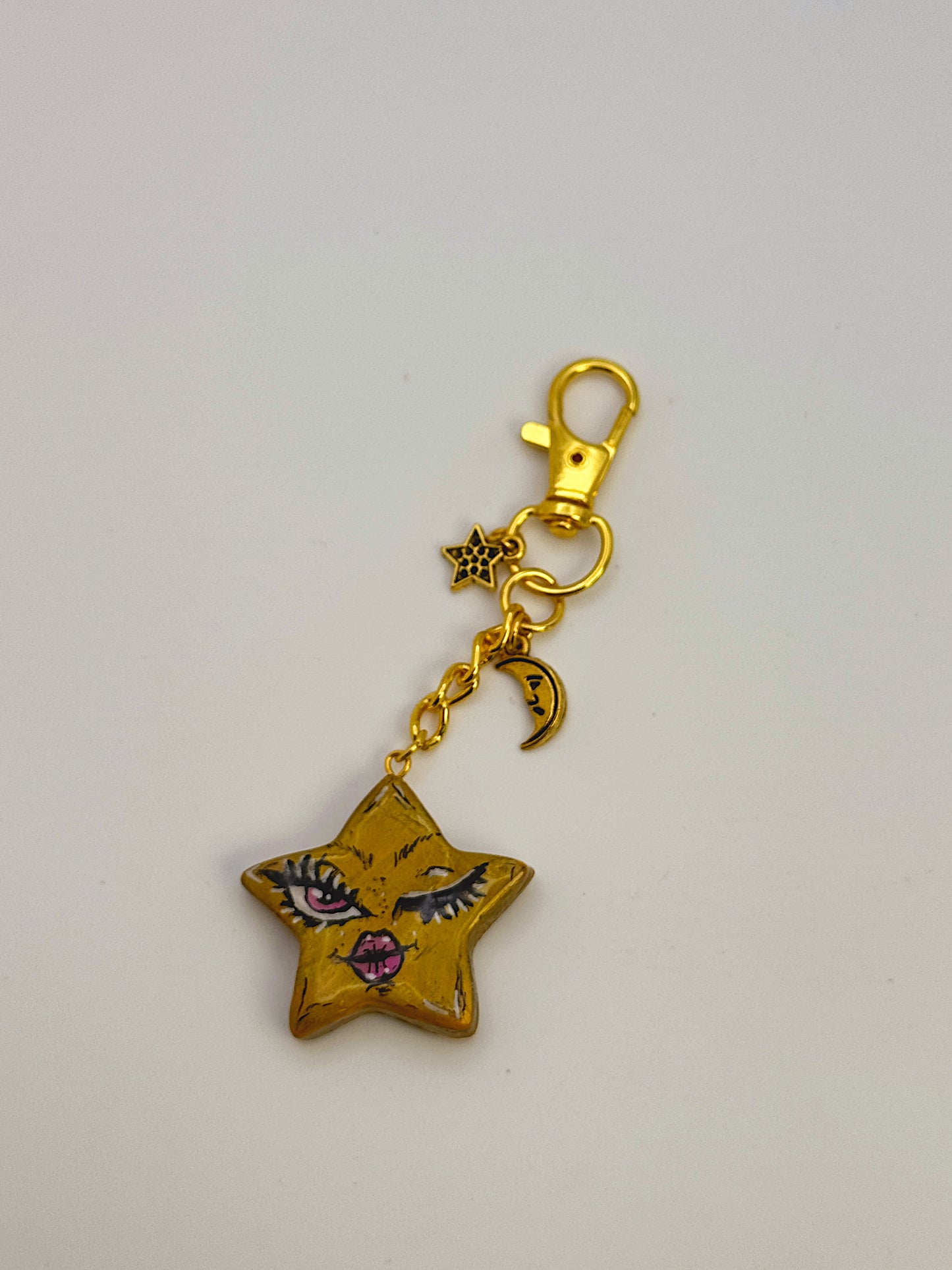 Mini Star Face Bag Charm – Hand-Painted Celestial Keychain with Gold Hardware