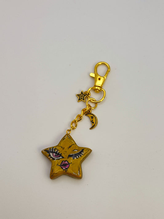 Mini Star Face Bag Charm – Hand-Painted Celestial Keychain with Gold Hardware
