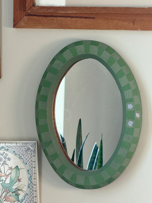 Vintage Green Gingham Oval Wall Mirror – Hand Painted Cottage Decor – 11”