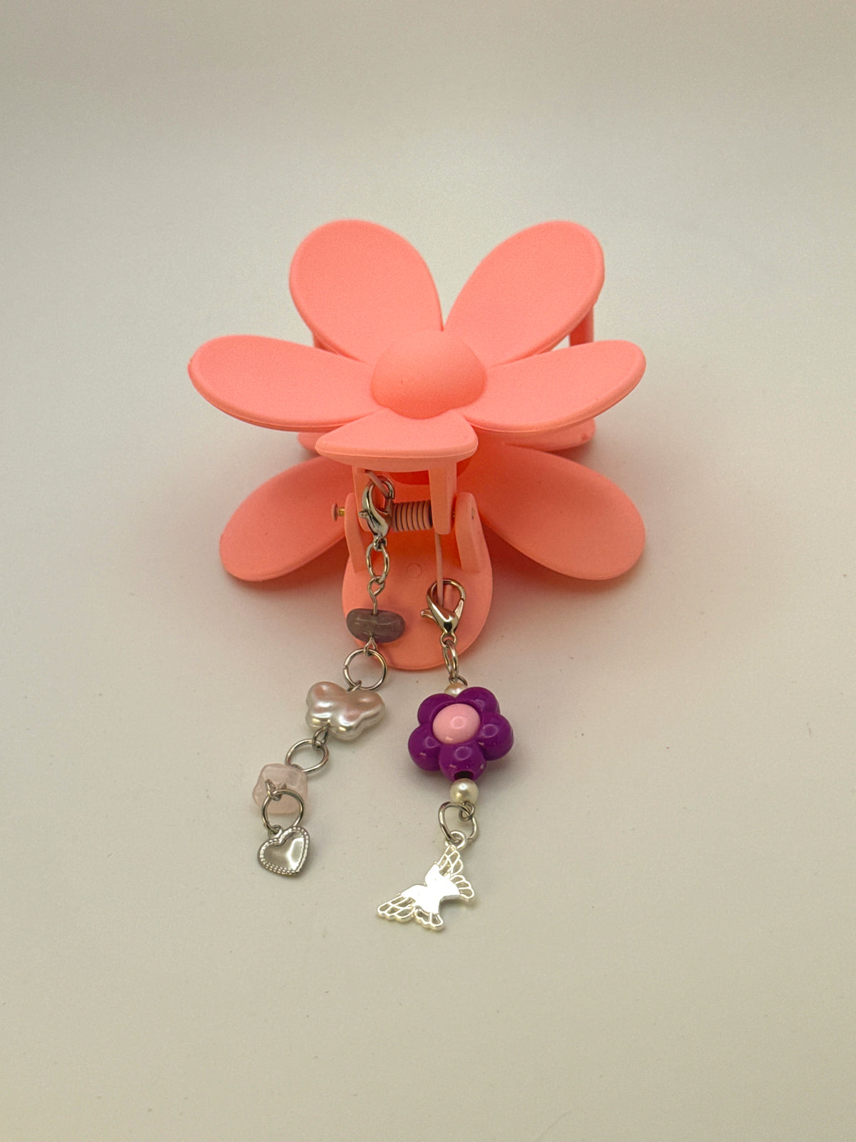 Pink Flower Medium Claw Clip with Handmade Beaded Charms | Removable Charm Clip | 3.1”