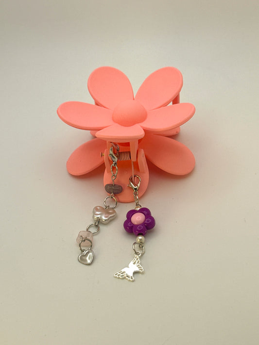 Pink Flower Medium Claw Clip with Handmade Beaded Charms | Removable Charm Clip | 3.1”