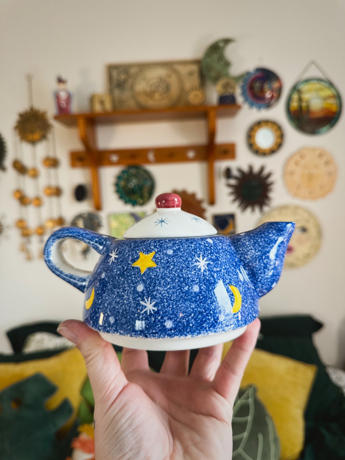 Whimsigoth Mini Ceramic Teapot – Blue & Yellow Celestial Kitchen Decor