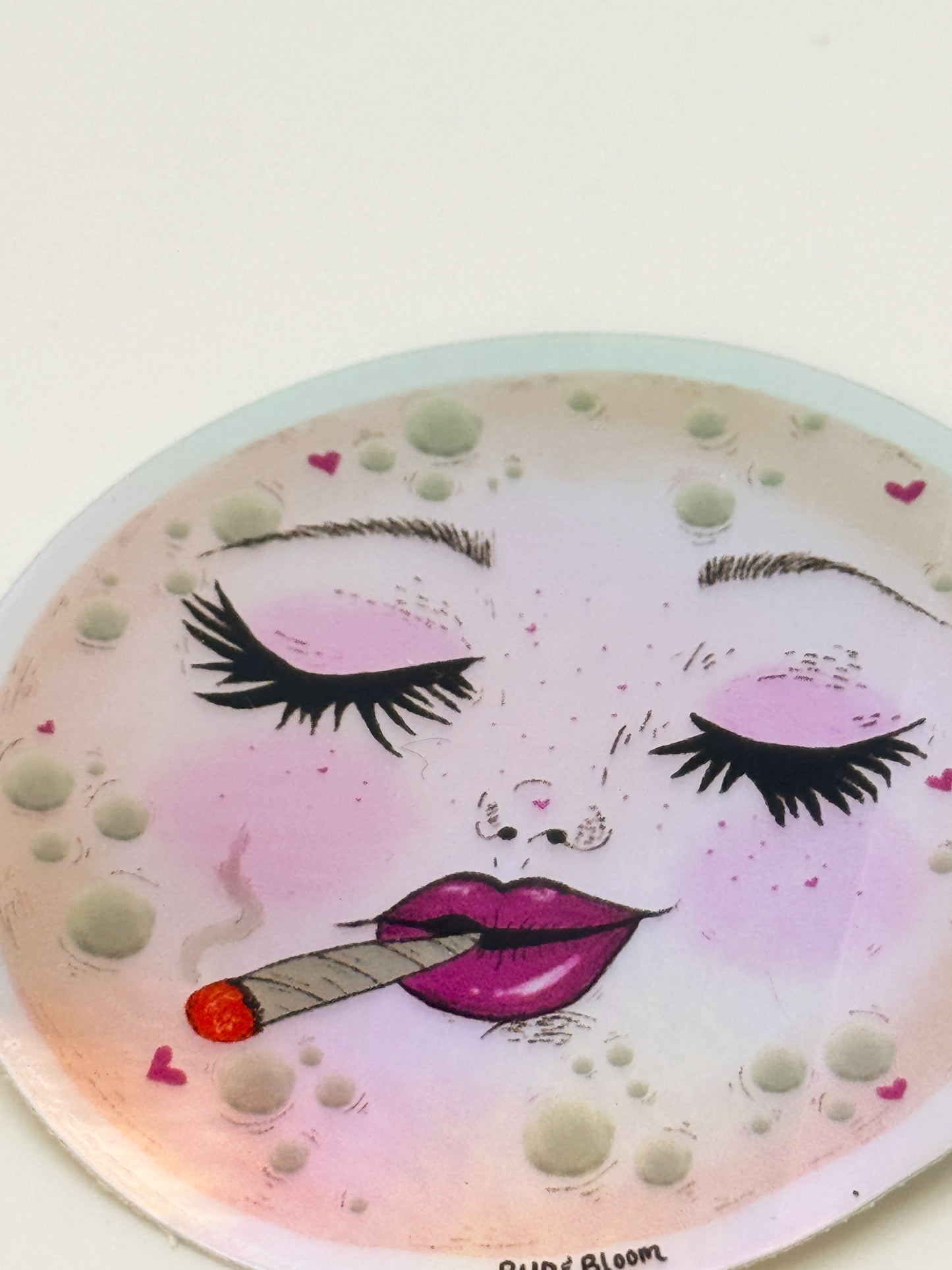 Holographic Smoking Moon Vinyl Sticker | Whimsical Celestial Moon Art