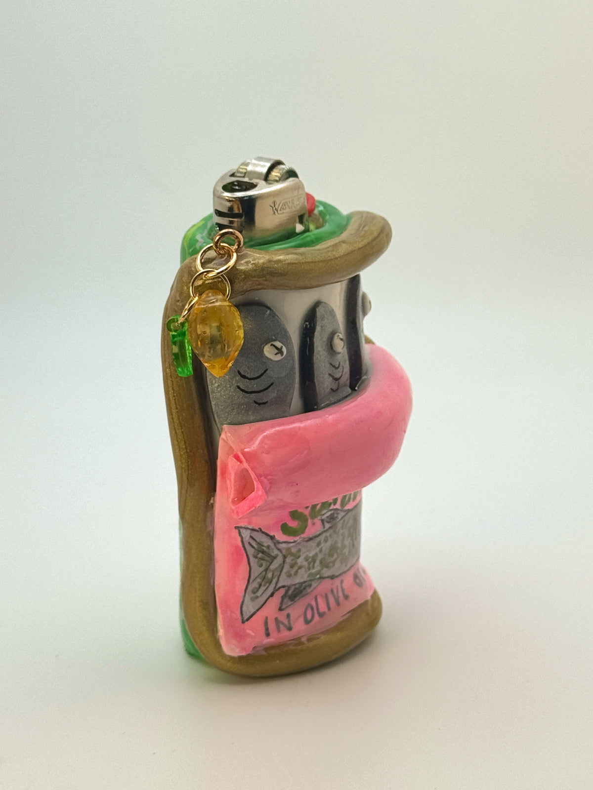 Sardines Tin Case with charm| Fits Standard Bic | Handmade Polymer Clay Art