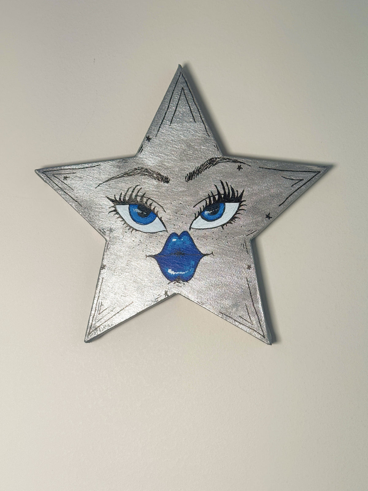 Silver Celestial Star Wall Art – Hand-Painted Star Face Decor— Original 10” Canvas Art