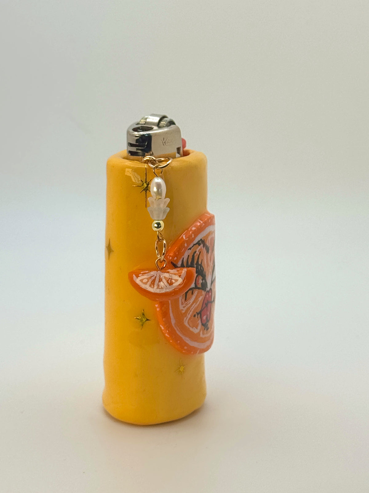 Sassy Orange Case with charm| Fits Standard Bic | Handmade Polymer Clay Art