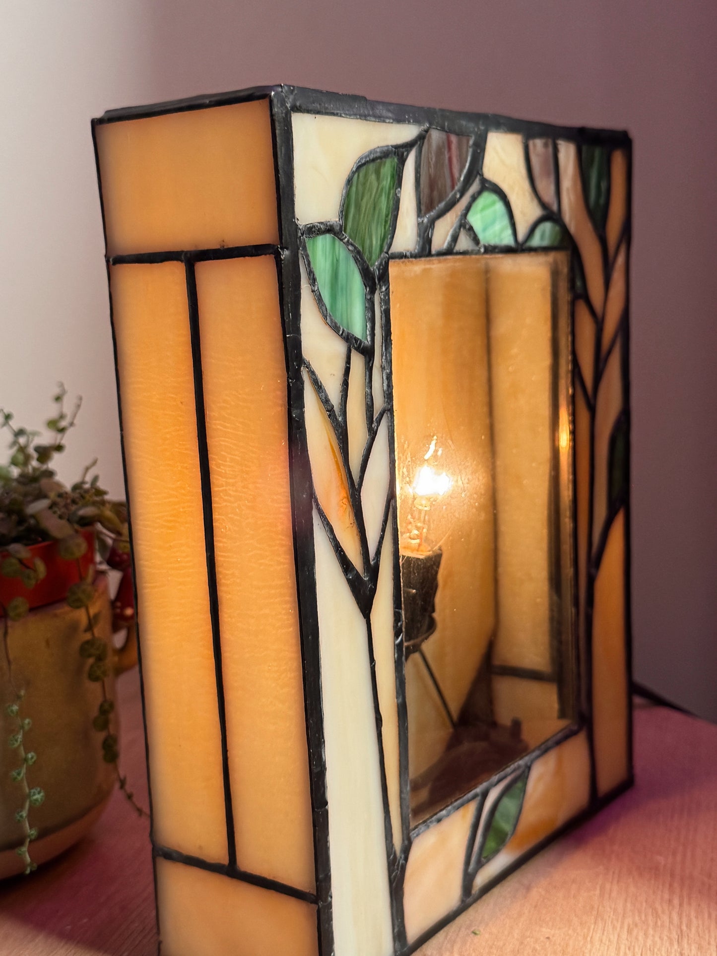 Vintage Stained Glass Accent Lamp | Arts & Crafts / MCM Style | Warm Amber Glow