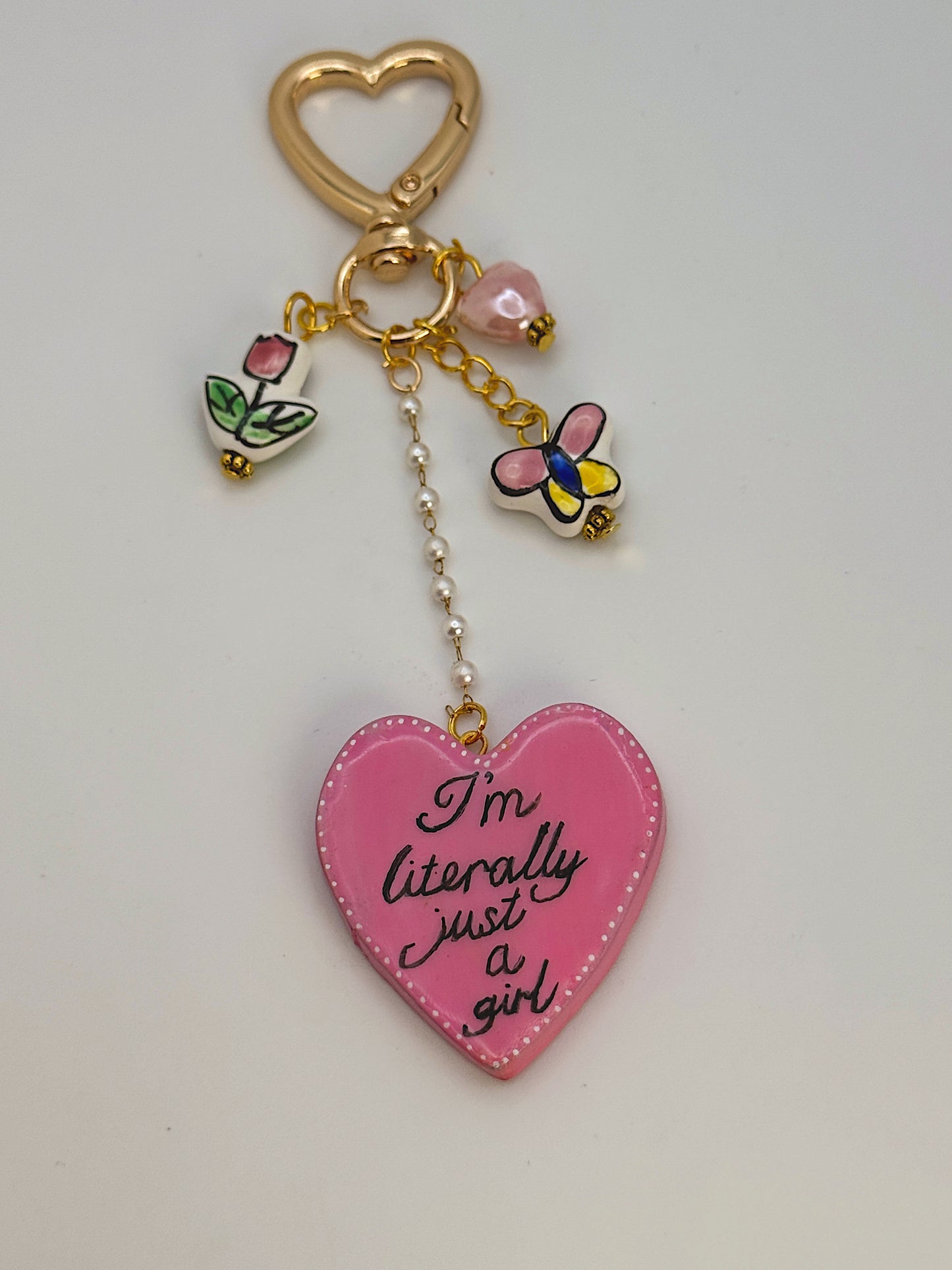I’m Literally Just a Girl Keychain – Handmade Heart Bag Charm with Gold Clip