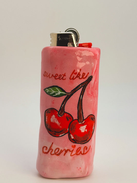 Sweet Like Cherries Lighter Case – Handmade Pink Cherry Polymer Clay Cover